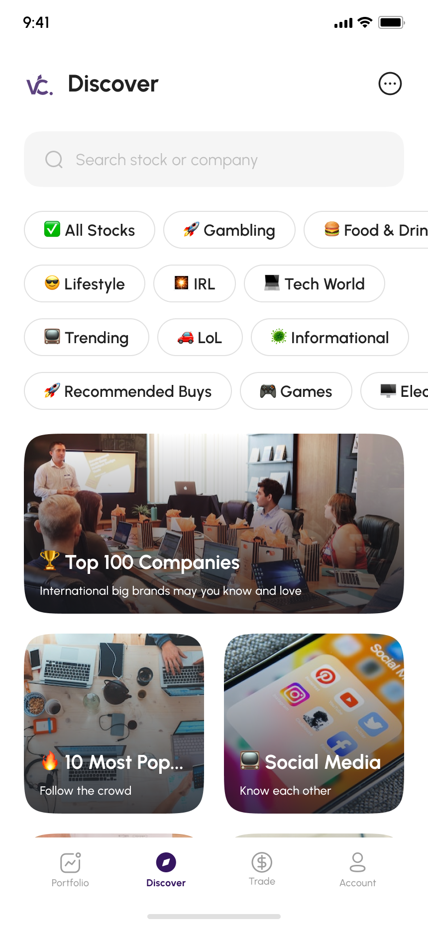 VentureCast discover screen from the Figma design